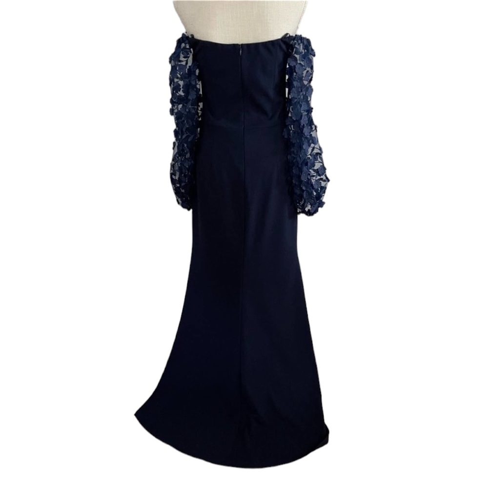 ELIZA J Off The Shoulder 3D Floral Sleeve Navy scuba crepe Blue Gown size 8 - Picture 9 of 13